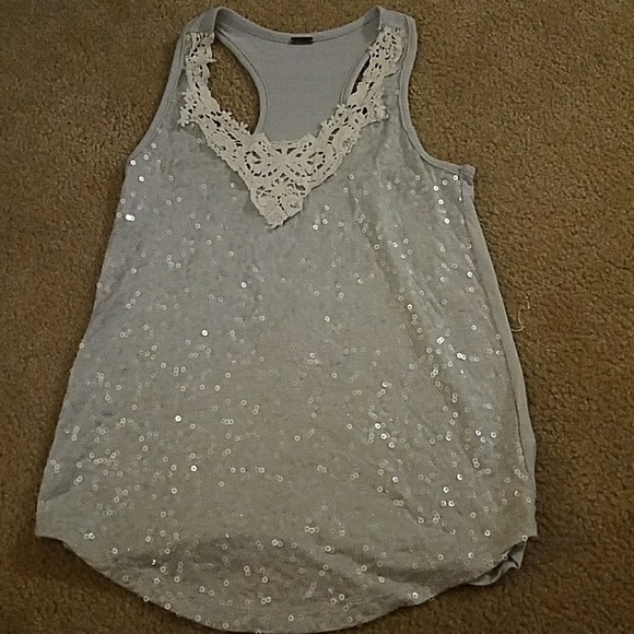 Poof! Tops - Poof light silver sequent lace tank top small